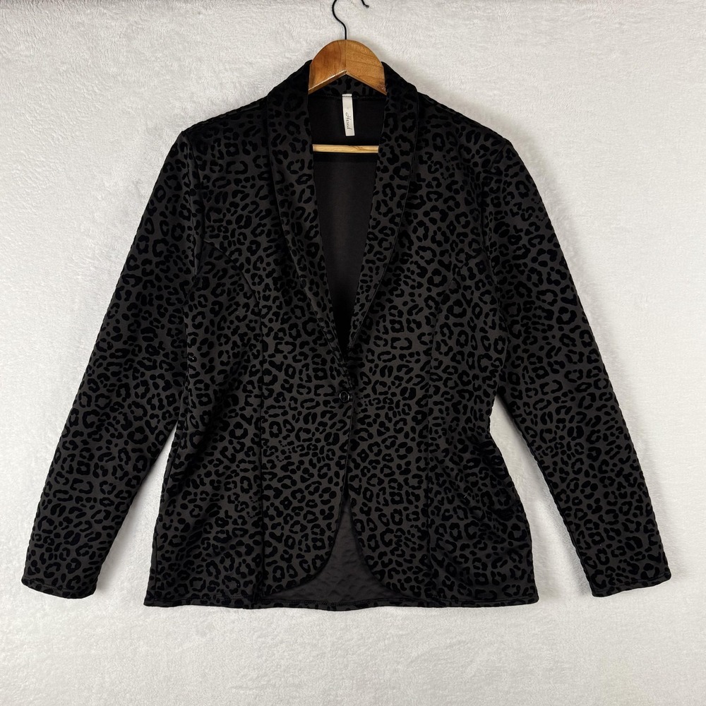Hesed‎ Blazer Womens Medium Black Velvet Leopard Print Single Button Lined
